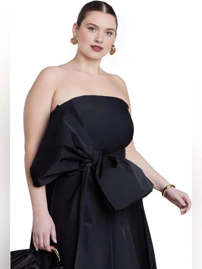 Elegant A-Line Strapless Bow-Waist Sleeveless Zipper-Back Midi-Length Plus Size Wedding Guest Dress