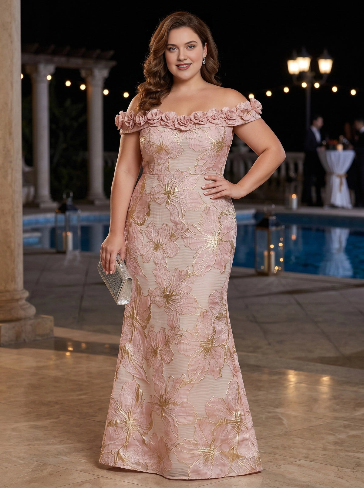 Plus size blush pink metallic jacquard off-the-shoulder mermaid wedding guest dress with 3D rose trim along neckline and gold floral embroidery, front view
