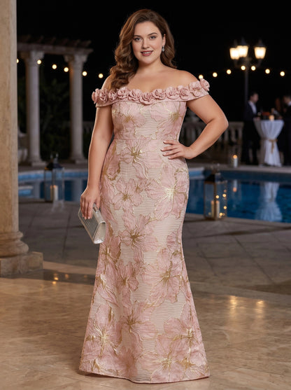 Plus size blush pink metallic jacquard off-the-shoulder mermaid wedding guest dress with 3D rose trim along neckline and gold floral embroidery, front view
