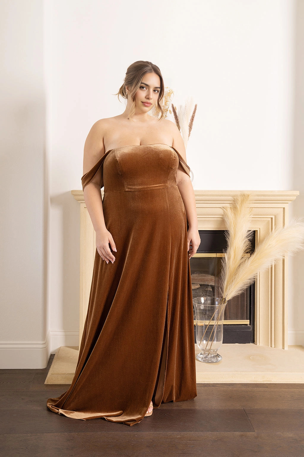 Cinnamon brown plus size velvet bridesmaid dress with straight neckline, off shoulder sleeves and flowing A-line floor-length skirt by roselledress