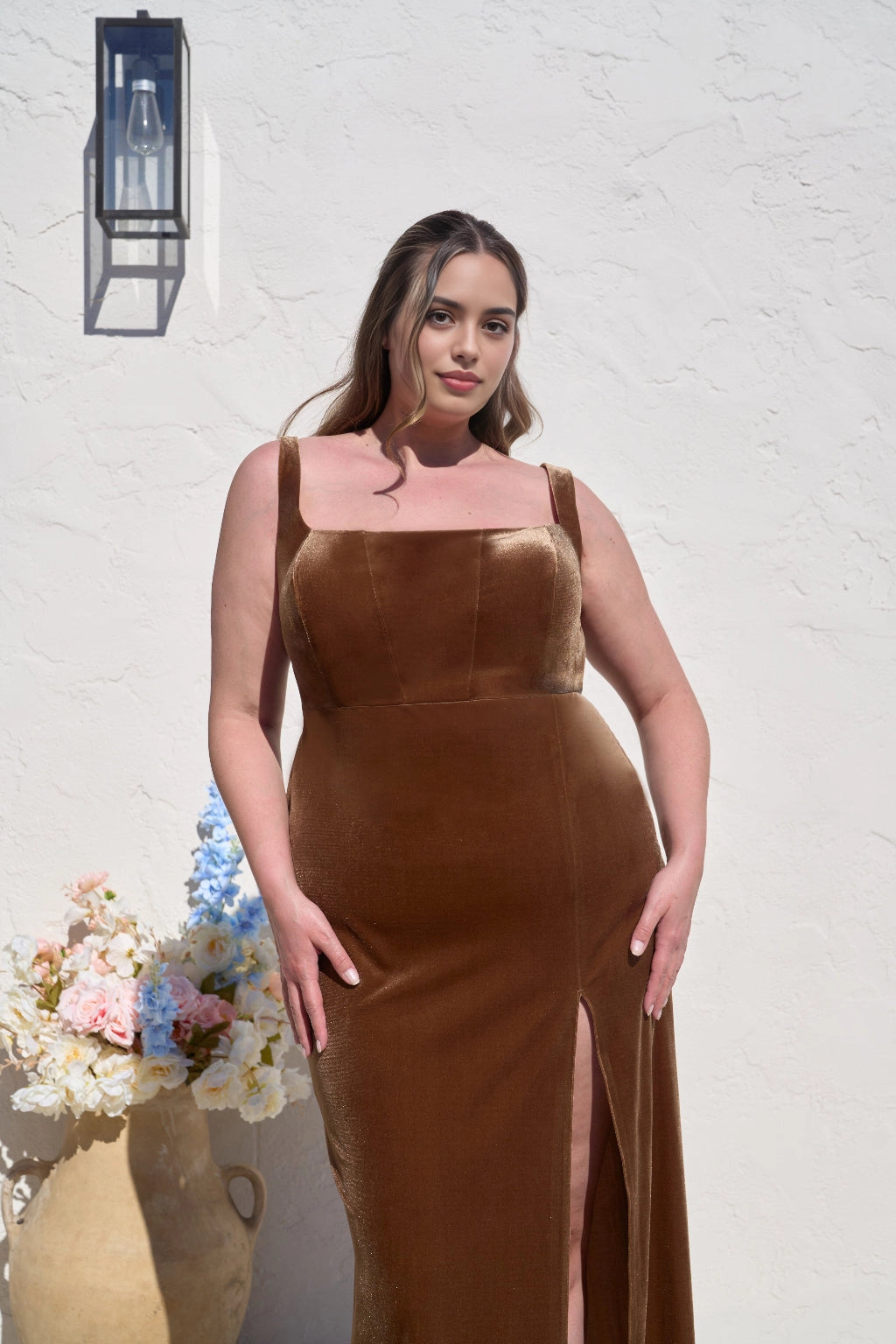 Elegant Sheath Square Neck Sleeveless Scoop Back Long Plus Size Wedding Guest Dress