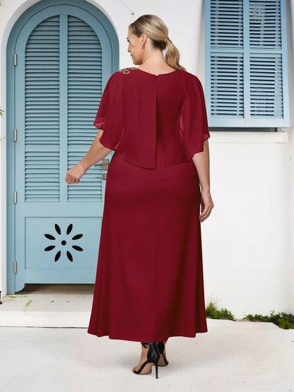Back view of burgundy plus size mother of the bride dress featuring split cape sleeves, round neckline, center zipper and flowing maxi skirt by roselledress