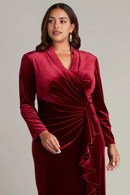 Plus Size Elegant Sheath V-Neck Long Sleeve Closed Back Maxi Wedding Guest Dress