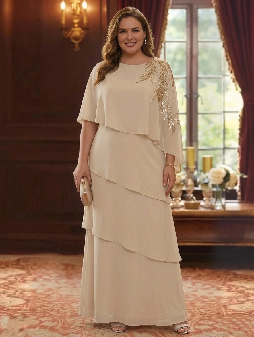 Plus size champagne mother of the bride dress with cape sleeves, layered chiffon overlay, beaded shoulder detail and flowing A-line skirt by roselledress.