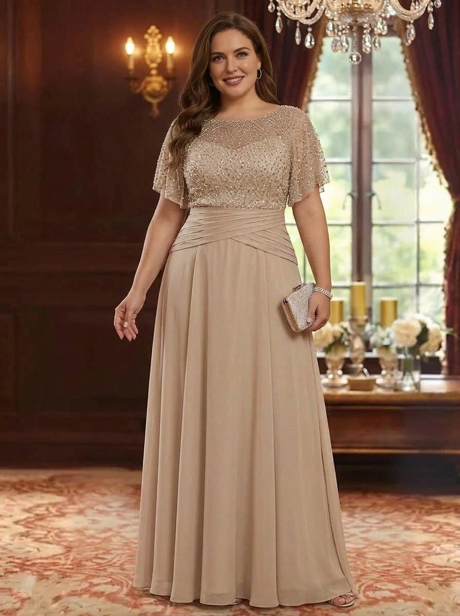 Plus size champagne mother of the bride dress with scoop neckline, beaded bodice, short sleeves and flowing A-line skirt by roselledress.