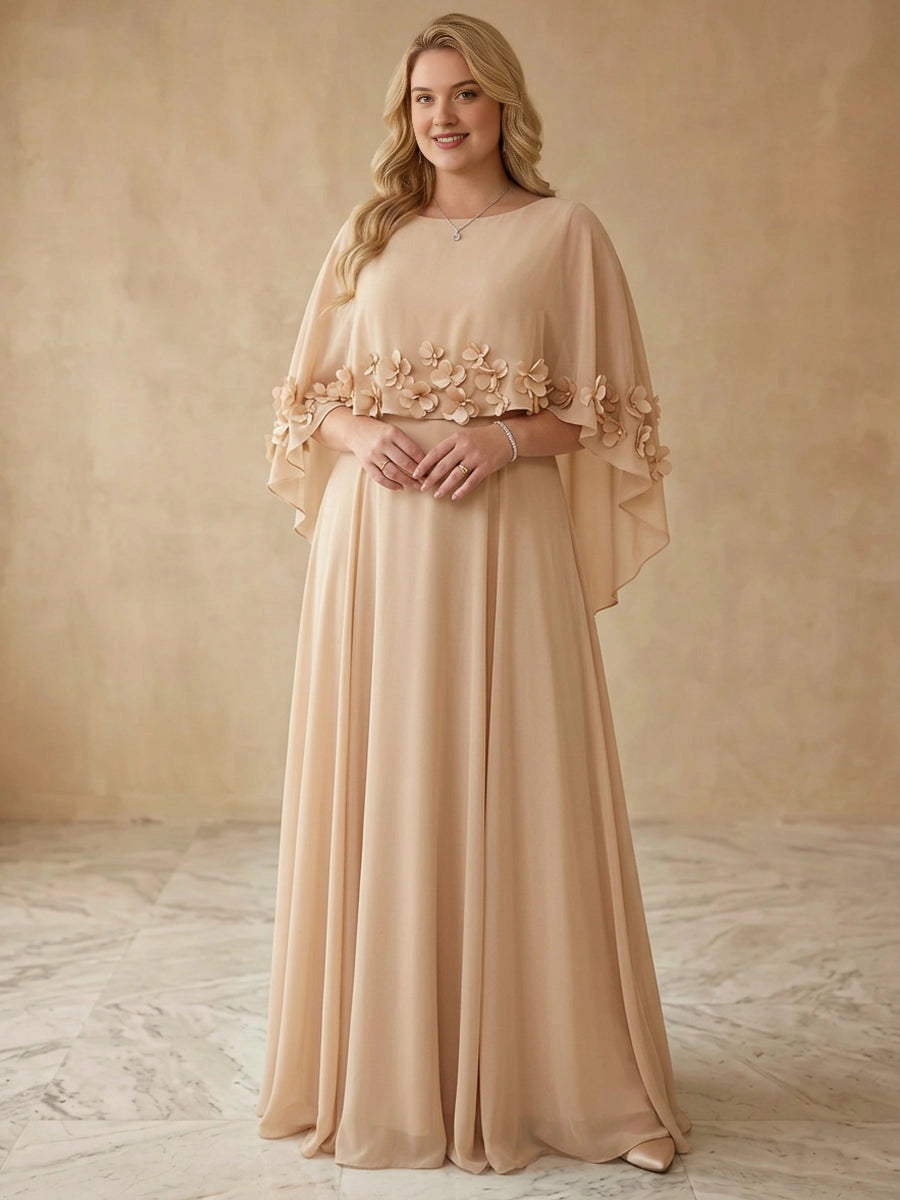 Plus size champagne chiffon mother of the bride dress with capelet overlay, 3D floral applique trim and floor length skirt, front view
