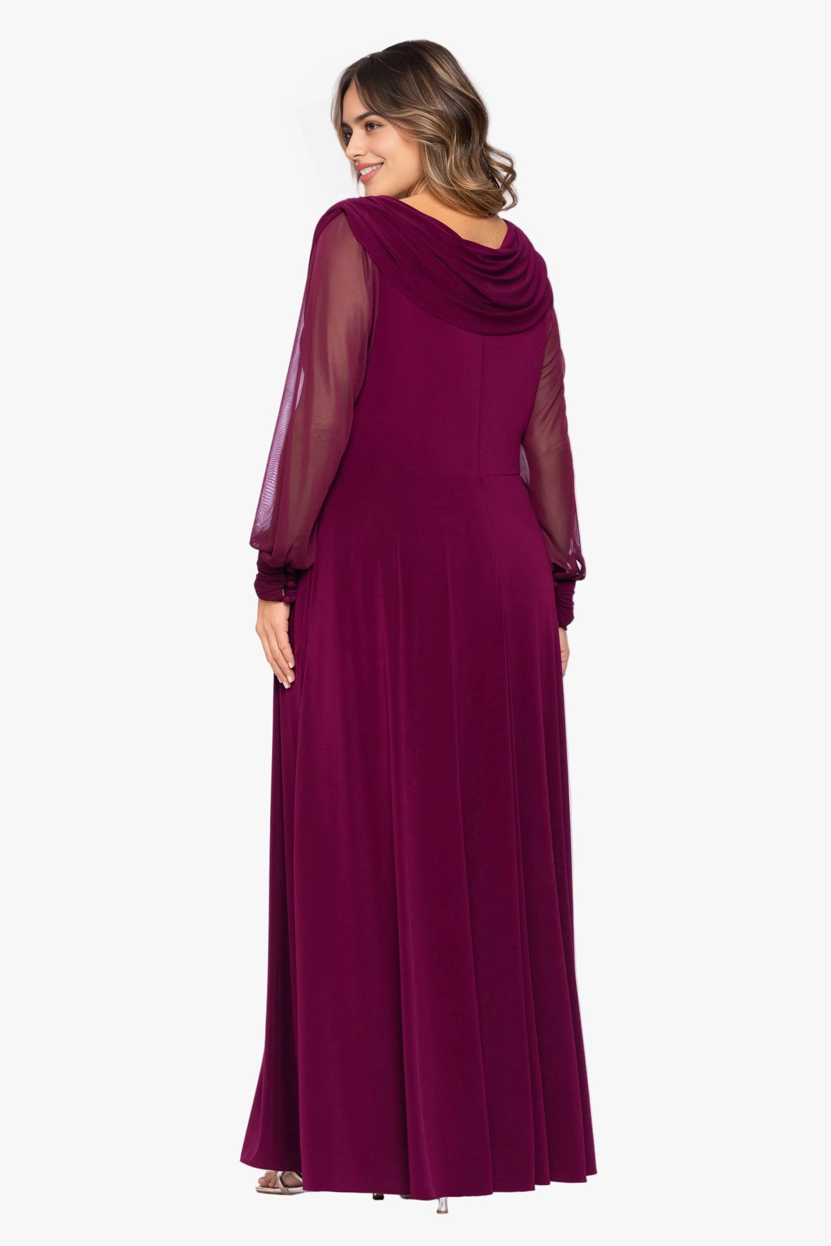 Back view of burgundy plus size mother of the bride dress featuring layered cowl back draping, sheer long sleeves and floor-length A-line skirt by roselledress
