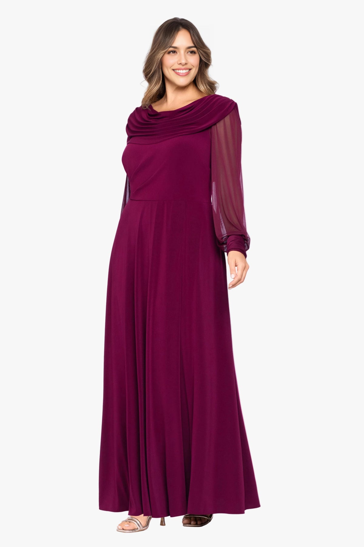 Plus Size Elegant A-Line Cowl Neck Sheer Sleeve Draped Back Maxi Mother of the Bride Dress