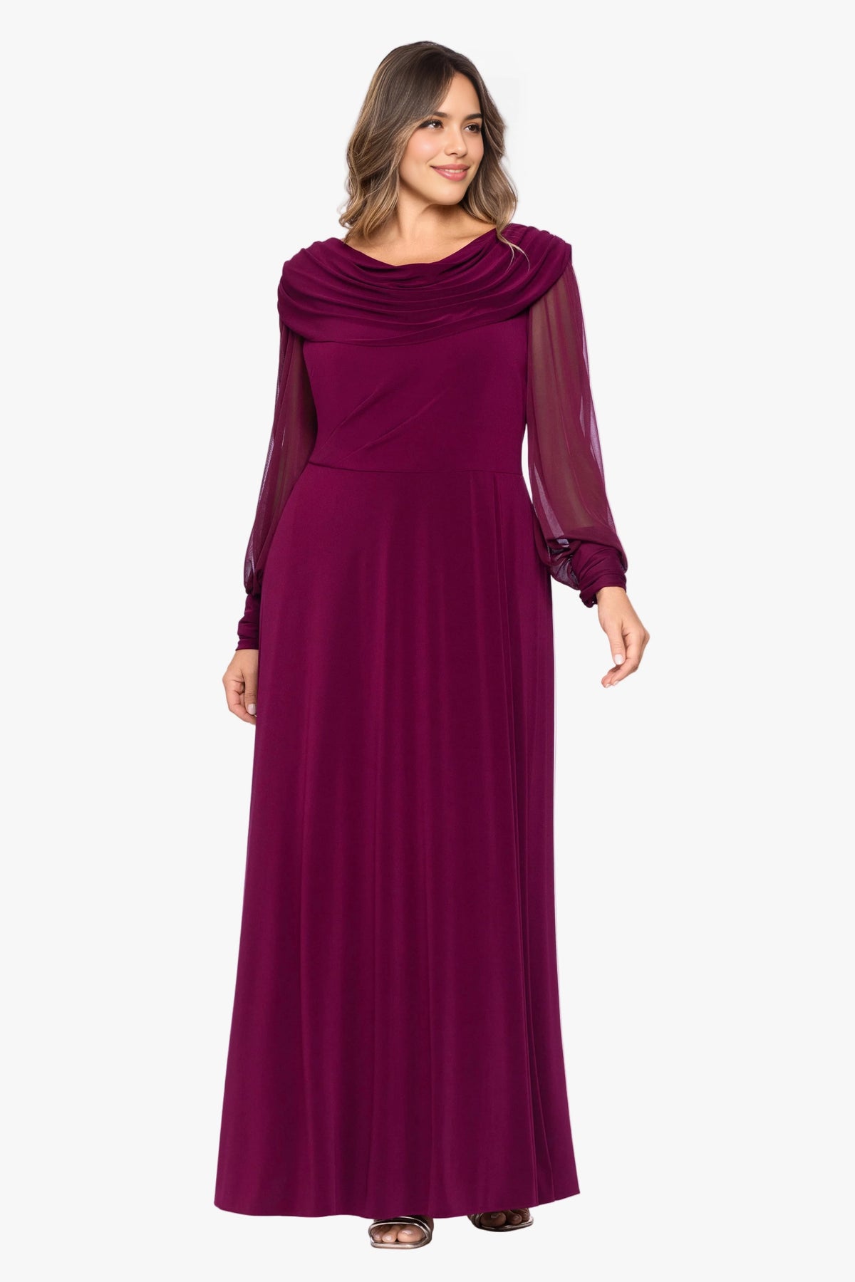 Plus Size Elegant A-Line Cowl Neck Sheer Sleeve Draped Back Maxi Mother of the Bride Dress