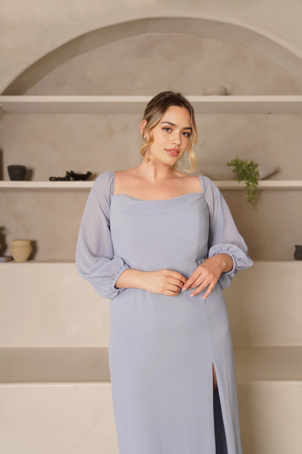 Elegant Sheath Square Neck Balloon Sleeve Zipper Back Plus Size Bridesmaid Dress