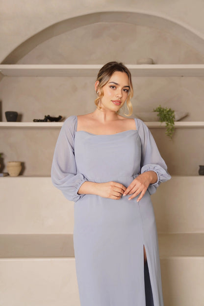 Elegant Sheath Square Neck Balloon Sleeve Zipper Back Plus Size Bridesmaid Dress