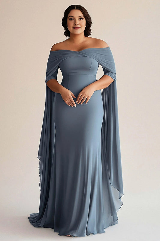 Plus size dusty blue chiffon off-the-shoulder wedding guest dress with cape sleeves, fitted bodice and floor length skirt, front view
