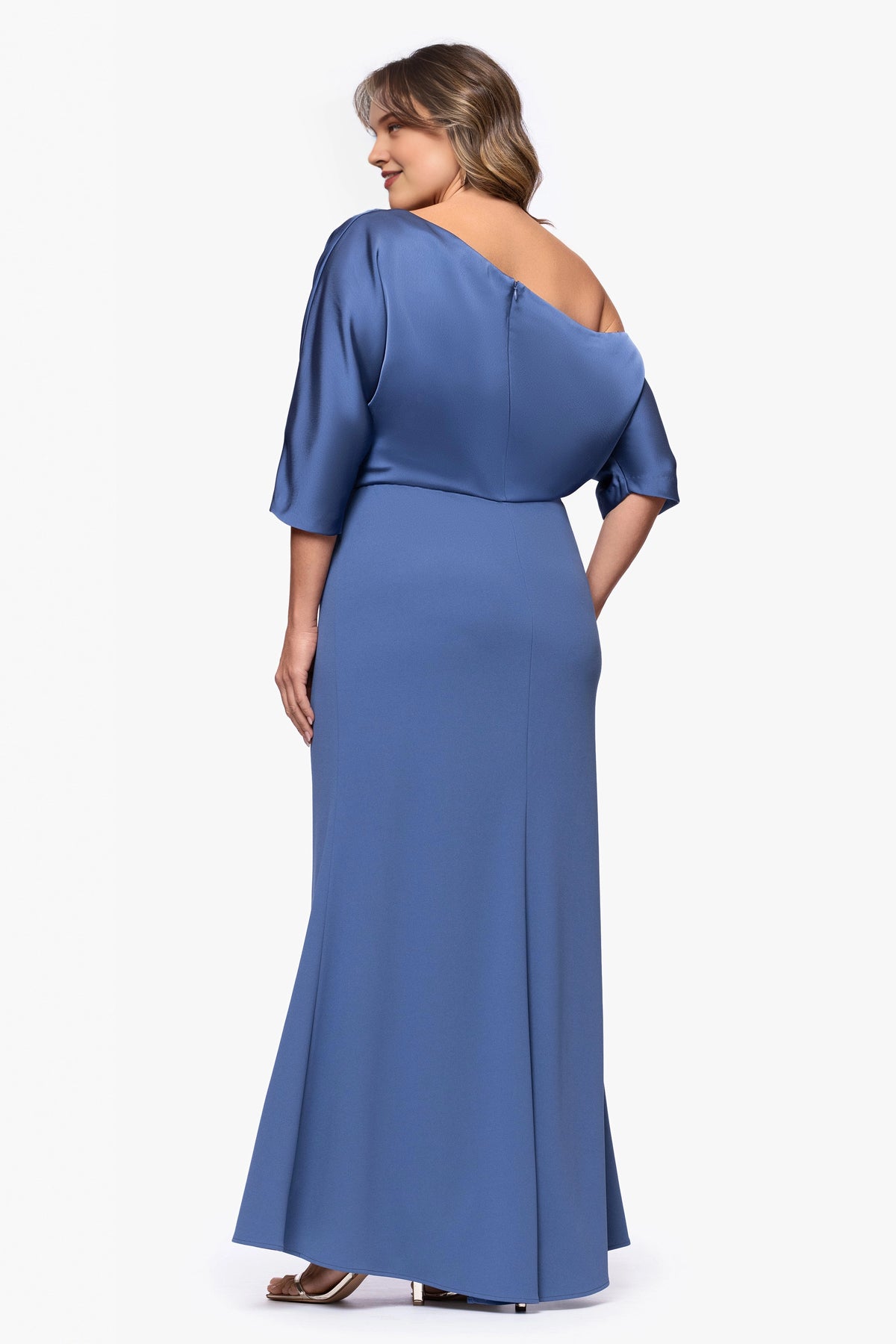 Back view of dusty blue plus size mother of the bride dress featuring an asymmetric neckline, three-quarter sleeves and center zipper by roselledress