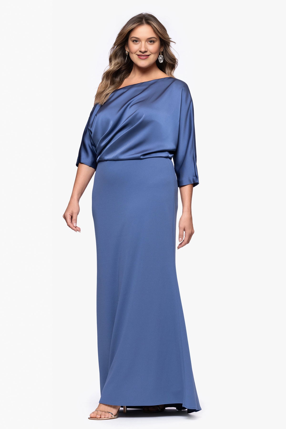 Plus Size Elegant Sheath Asymmetric Neck Draped Sleeve Maxi Mother of the Bride Dress
