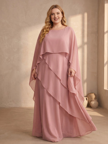 Plus size dusty rose chiffon mother of the bride dress with capelet overlay, layered ruffle waterfall drape and floor length skirt, front view
