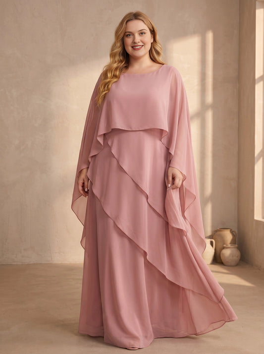 Plus size dusty rose chiffon mother of the bride dress with capelet overlay, layered ruffle waterfall drape and floor length skirt, front view
