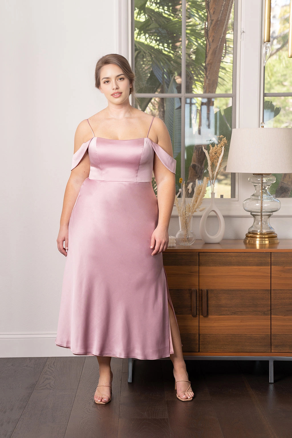 Dusty rose plus size satin bridesmaid dress with straight neckline, spaghetti straps, off shoulder sleeves and midi-length skirt by roselledress
