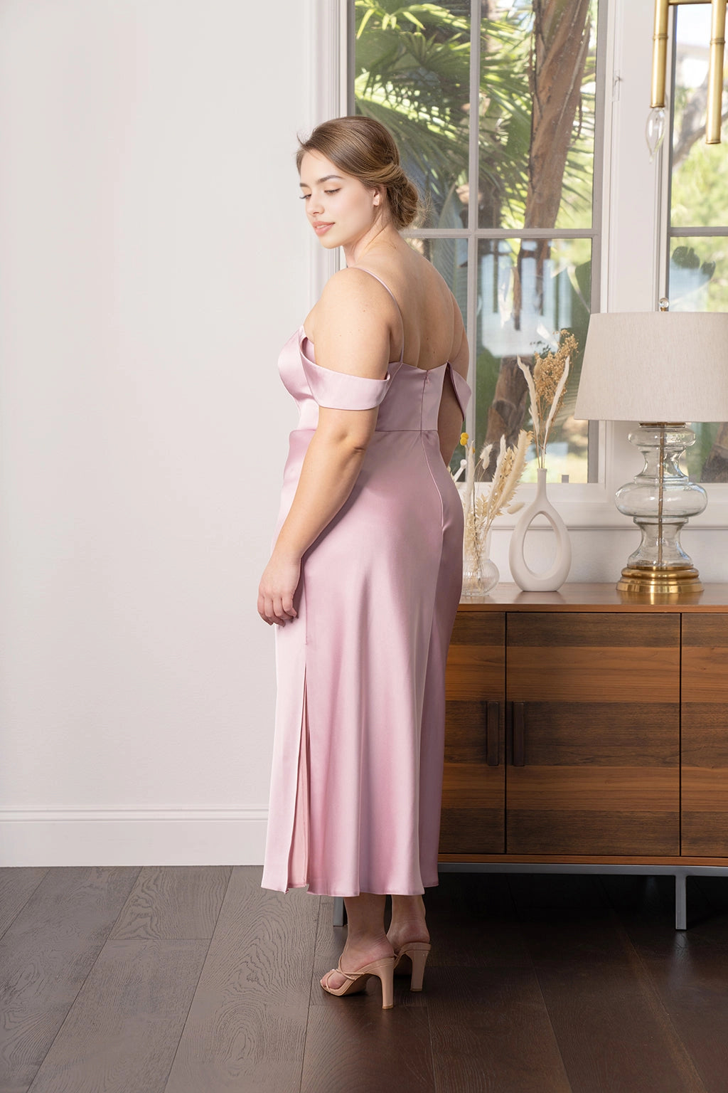 Elegant A-Line Straight Neck Off Shoulder Zipper Back Plus Size Bridesmaid Dress