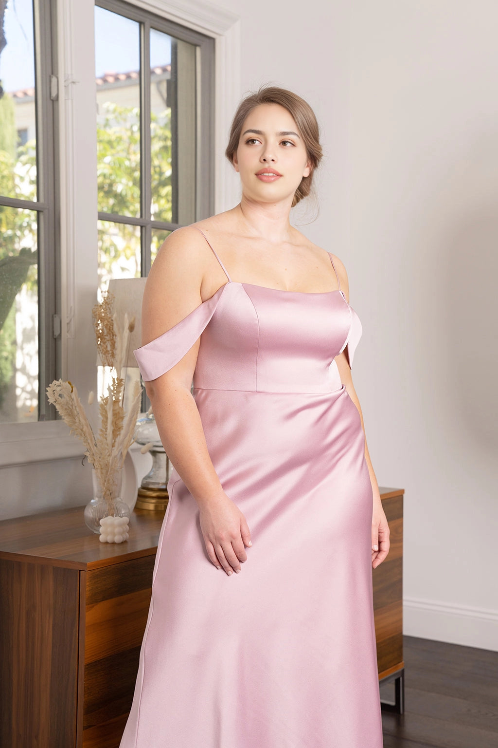 Elegant A-Line Straight Neck Off Shoulder Zipper Back Plus Size Bridesmaid Dress