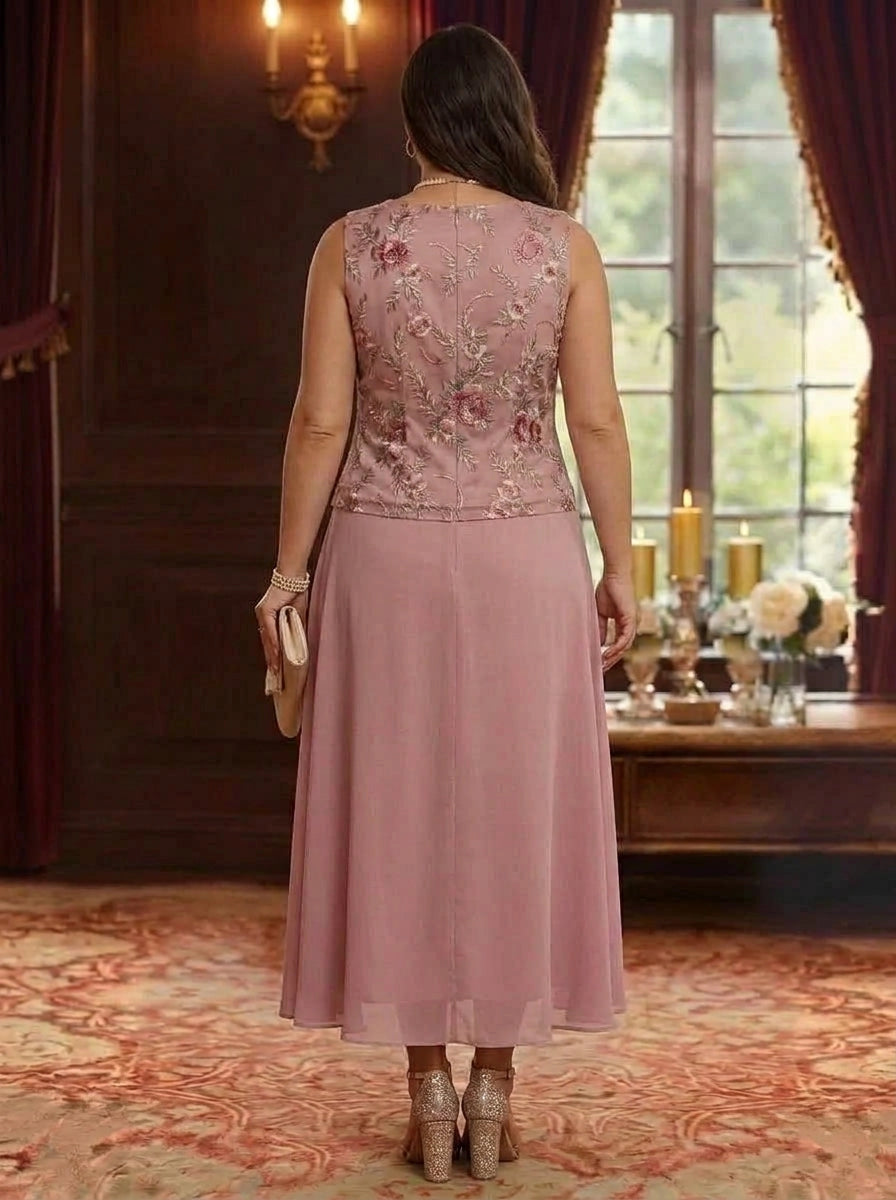 Elegant A-Line Scoop-Neck Embroidered Jacket Zipper-Back Plus Size Mother of the Bride Dress