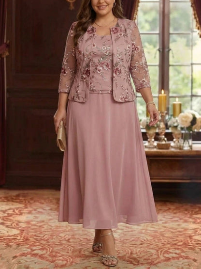 Elegant A-Line Scoop-Neck Embroidered Jacket Zipper-Back Plus Size Mother of the Bride Dress