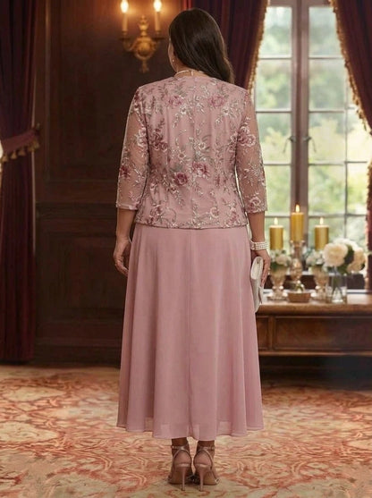 Back view of plus size dusty pink mother of the bride dress featuring floral embroidered jacket, elegant coverage and center zipper closure.