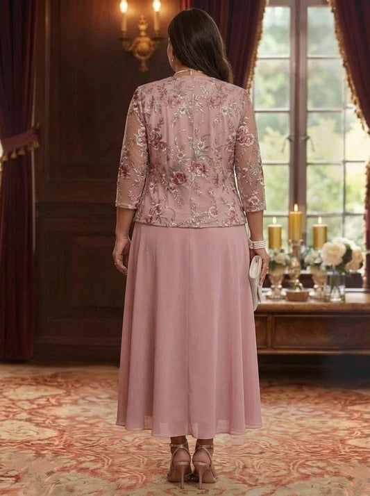 Back view of plus size dusty pink mother of the bride dress featuring floral embroidered jacket, elegant coverage and center zipper closure.