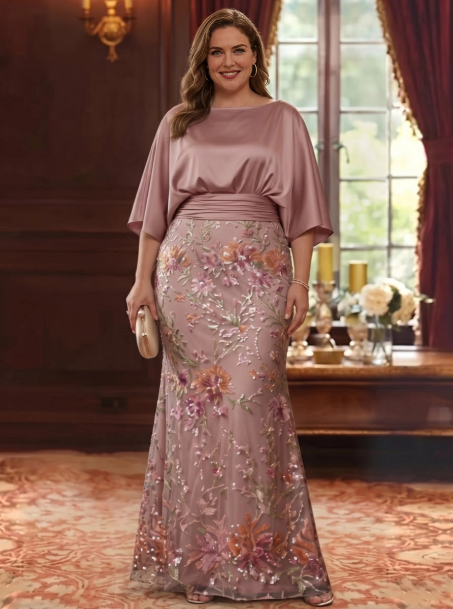 Plus size dusty pink mother of the bride dress with boat neckline, flutter sleeves, floral embroidered overlay and elegant A-line skirt by roselledress.