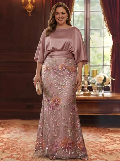 Plus size dusty pink mother of the bride dress with boat neckline, flutter sleeves, floral embroidered overlay and elegant A-line skirt by roselledress.