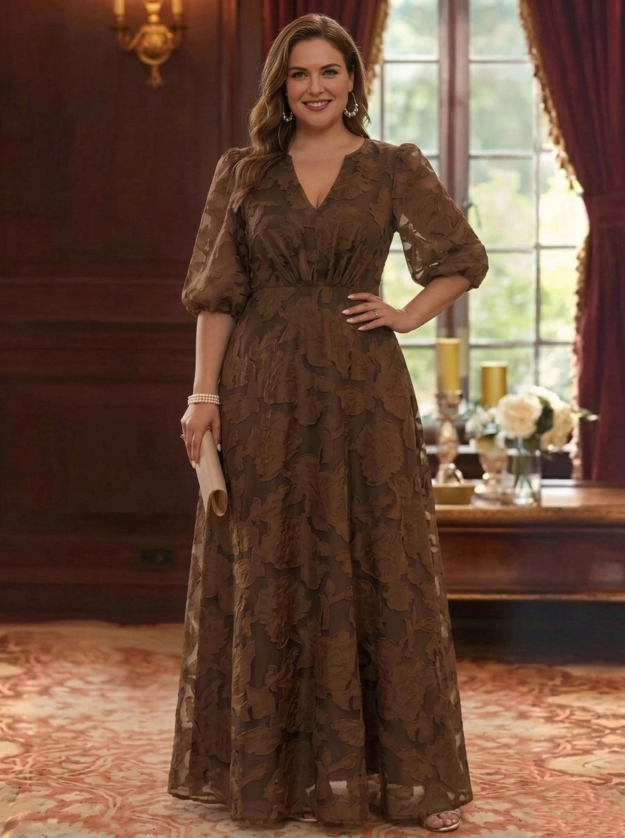 Plus size brown mother of the bride dress with V neckline, puff sleeves, floral embroidered texture and flowing A-line skirt by roselledress.