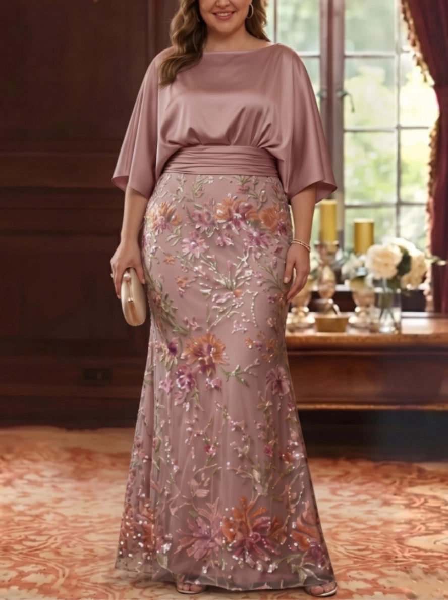 Elegant A-Line Flutter-Sleeve Zipper-Back Floor-Length Plus Size Mother of the Bride Dress