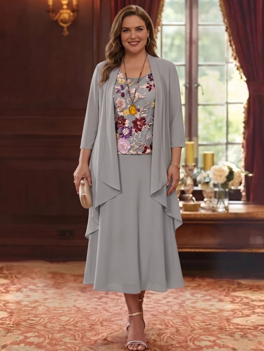 Plus size gray mother of the bride dress with floral embroidered bodice, three quarter sleeves, matching jacket and A-line midi skirt by roselledress.
