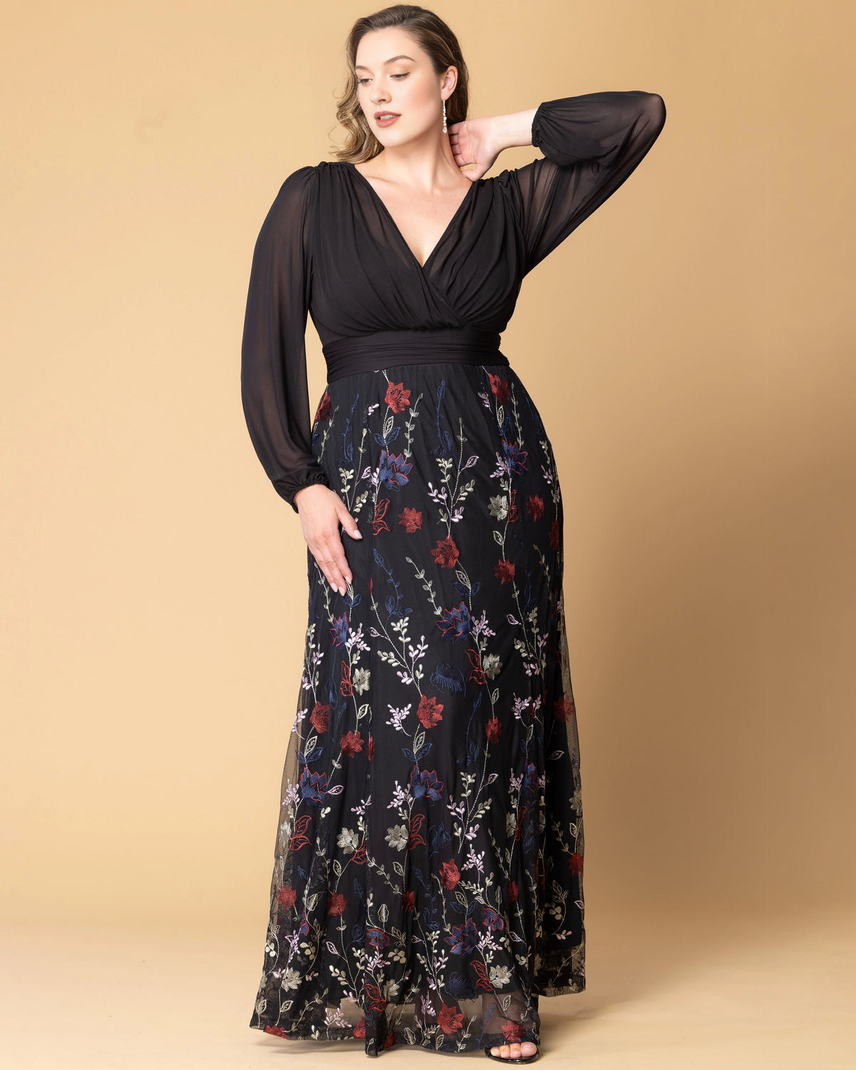 Plus size black floral jacquard wedding guest dress with V neckline, long sheer sleeves and elegant A-line silhouette by roselledress.