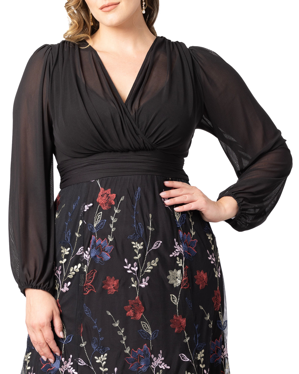 Elegant A-Line V-Neck Long-Sleeve Jacquard Zipper-Back Floor-Length Plus Size Wedding Guest Dress