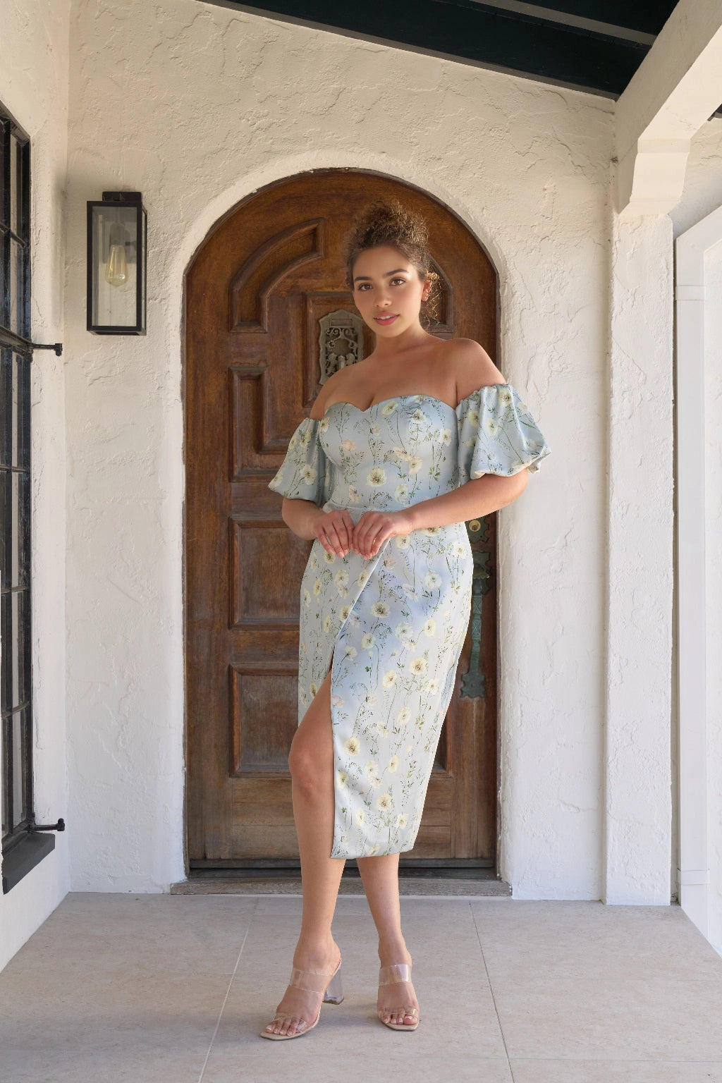 Light blue floral plus size wedding guest dress with sweetheart neckline, off shoulder puff sleeves, front slit and fitted midi skirt by roselledress