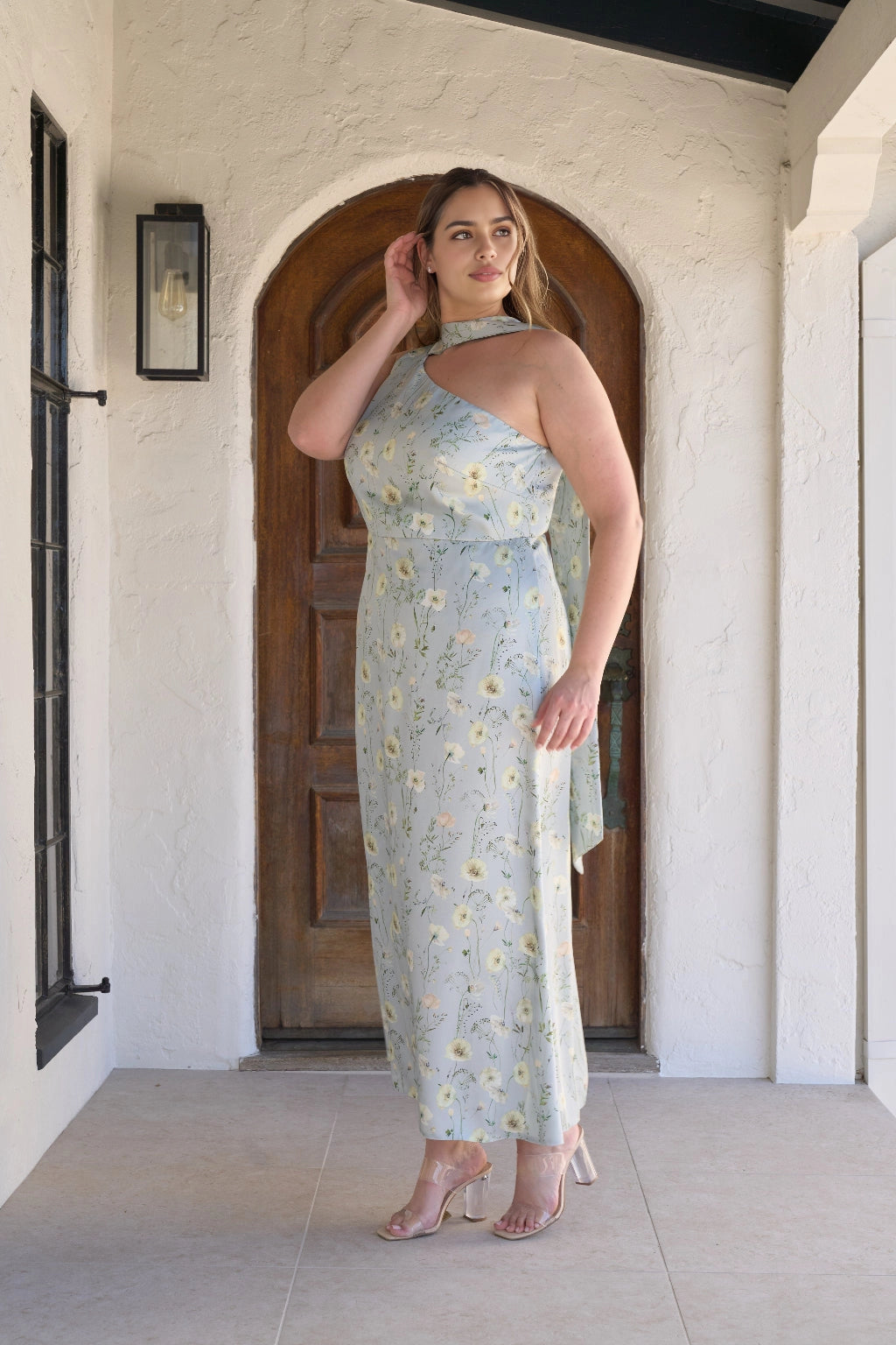 A-Line Jacquard One Shoulder Sleeveless Sash Back Plus Size Wedding Guest Dress