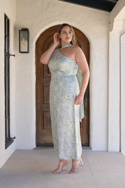 A-Line Jacquard One Shoulder Sleeveless Sash Back Plus Size Wedding Guest Dress