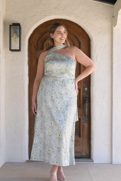 Light blue floral plus size wedding guest dress with asymmetric one shoulder neckline, fitted waist and flowing A-line midi skirt by roselledress