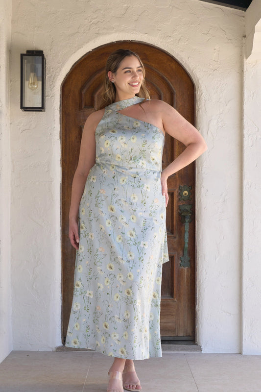 Light blue floral plus size wedding guest dress with asymmetric one shoulder neckline, fitted waist and flowing A-line midi skirt by roselledress