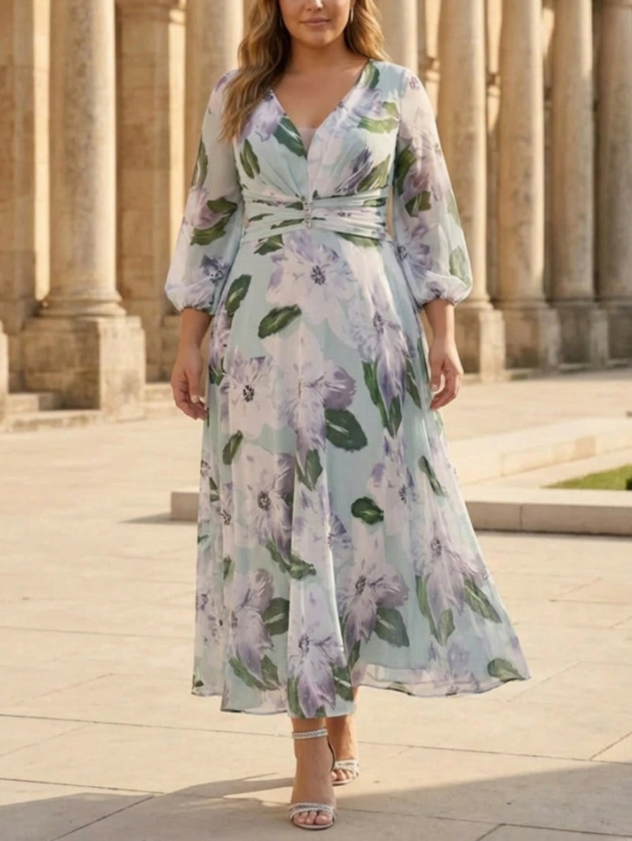 Elegant A-Line V-Neck Jacquard Zipper-Back Floor-Length Plus Size Wedding Guest Dress