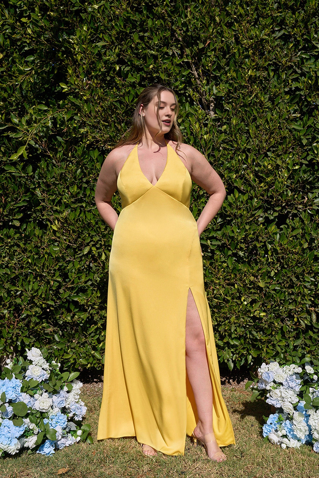 Elegant Sheath V-Neck Halter Tie Back Long Plus Size Bridesmaid Dress