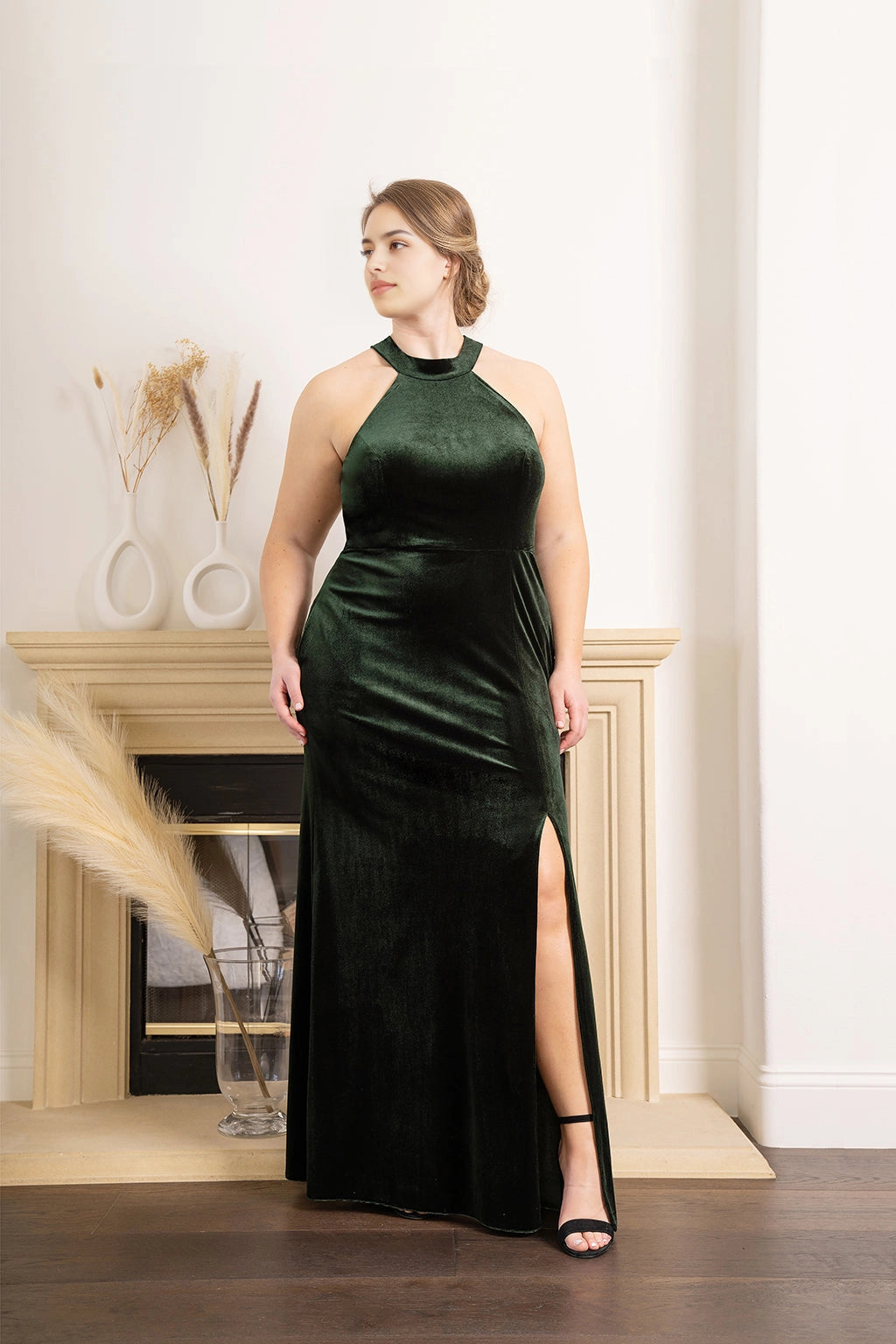 Elegant Plus Size A-Line Halter Neck Sleeveless Cutout Back Maxi Bridesmaid Dress
