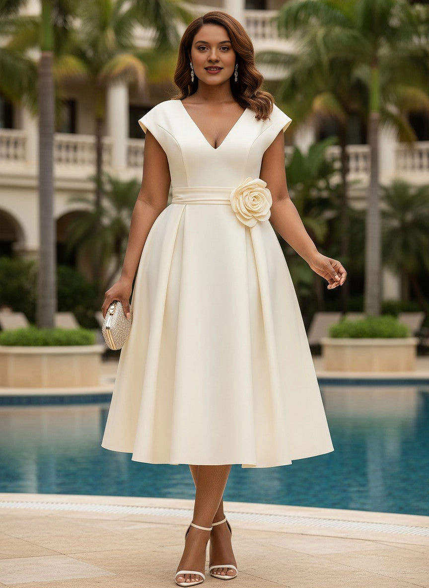 Plus size ivory satin fit and flare wedding guest dress with V-neck, cap sleeves, waist belt with 3D fabric rose and full pleated skirt, front view

