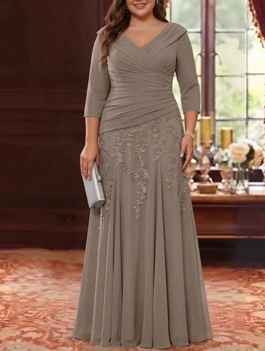 Elegant A-Line V-Neck Three-Quarter-Sleeve Zipper-Back Floor-Length Plus Size Mother of the Bride Dress