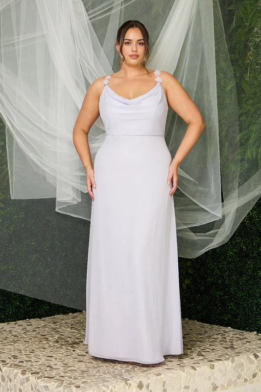 Light lavender plus size A-line bridesmaid dress with draped cowl neckline, floral applique spaghetti straps and floor-length skirt by roselledress