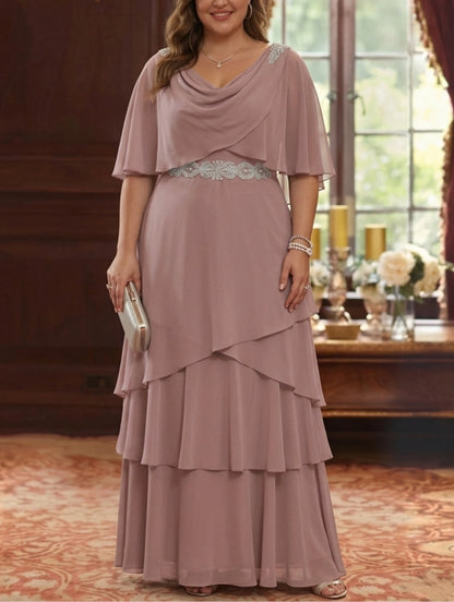 Elegant A-Line Boat-Neck Zipper-Back Floor-Length Plus Size Mother of the Bride Dress
