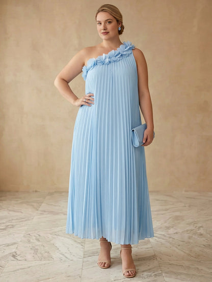 Plus size light blue chiffon one-shoulder wedding guest dress with 3D fabric flowers along strap, pleated midi skirt, front view
