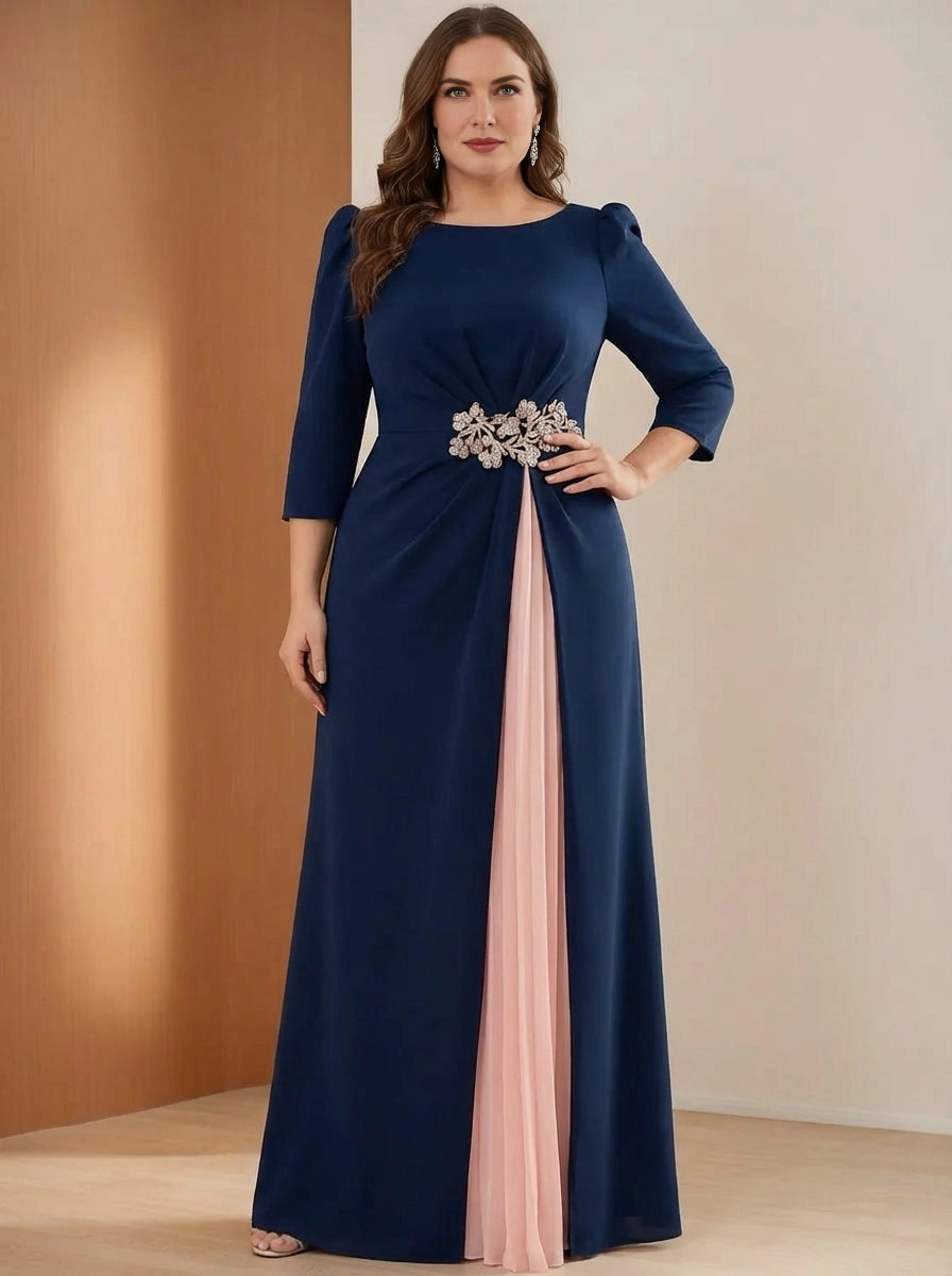 Plus size navy blue mother of the bride dress with round neckline, three quarter sleeves, jeweled waist detail and elegant A-line silhouette by roselledress.