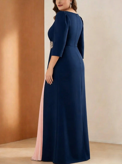 Back view of plus size navy blue mother of the bride dress featuring zipper closure, three quarter sleeves and flowing floor length skirt.