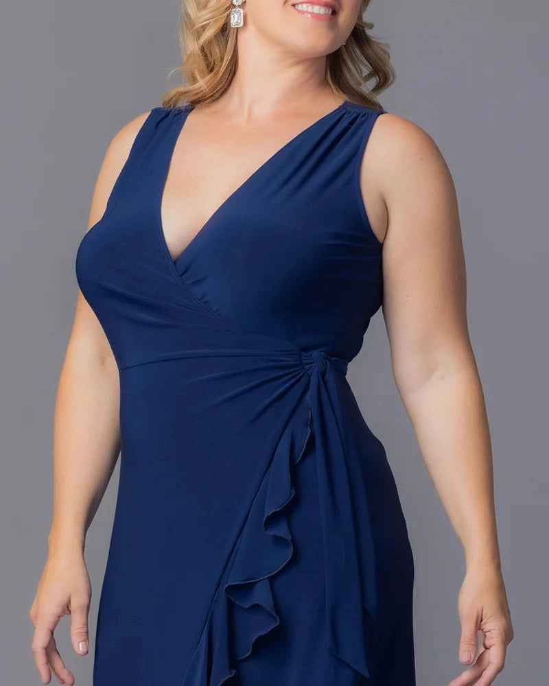 Elegant Sheath V-Neck Sleeveless Closed Back Ruffle Plus Size Wedding Guest Dress